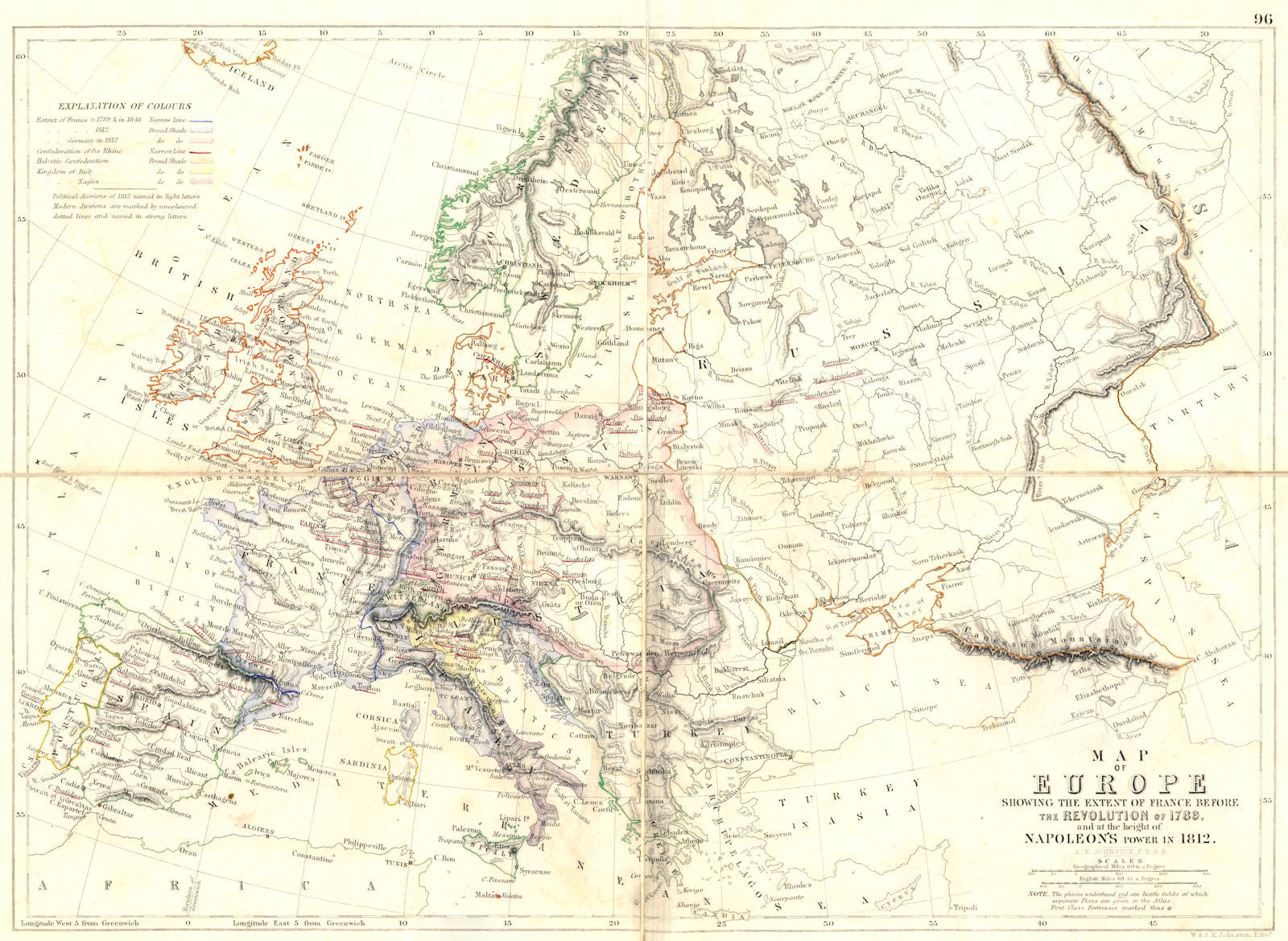 EUROPE at French revolution 1789 & at height of Napoleon's Power 1812 1848 map